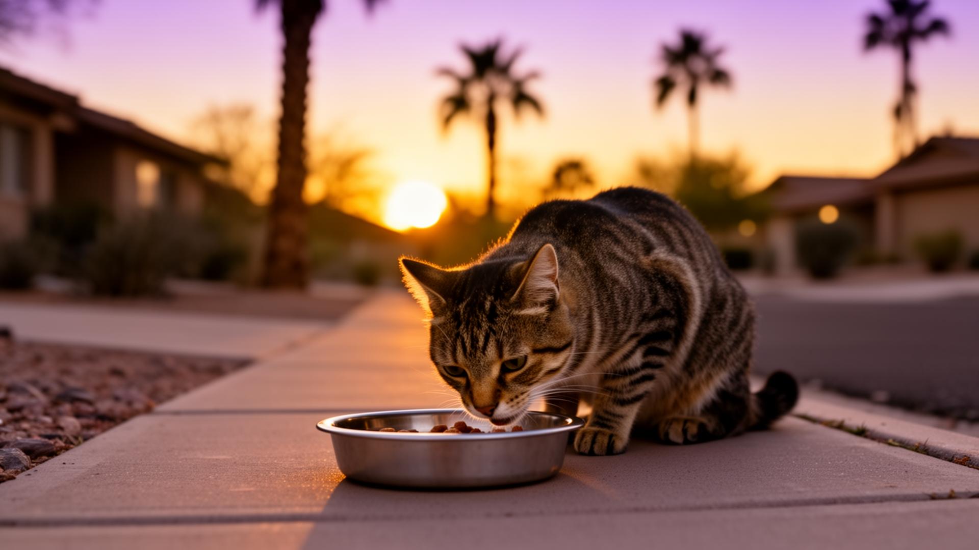 A community cat resting in soft evening light